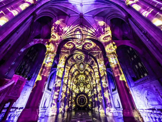 Luxmuralis Bristol the Begining Christmas 2024 Cathedral light show Son et Lumiere projectionPeace DovesDurham Cathedral _12 smv