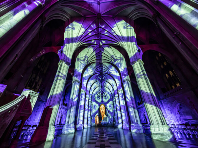 Luxmuralis Bristol the Begining Christmas 2024 Cathedral light show Son et Lumiere projectionPeace DovesDurham Cathedral _14 smv