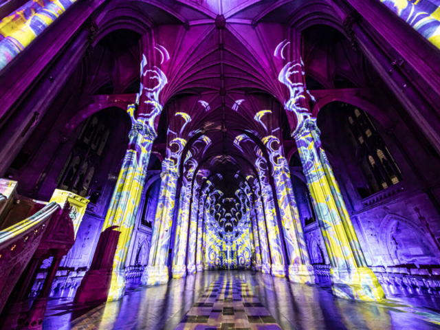 Luxmuralis Bristol the Begining Christmas 2024 Cathedral light show Son et Lumiere projectionPeace DovesDurham Cathedral _17 smv