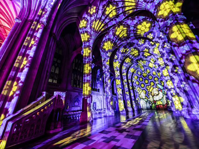 Luxmuralis Bristol the Begining Christmas 2024 Cathedral light show Son et Lumiere projectionPeace DovesDurham Cathedral _32 smv