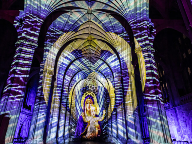 Luxmuralis Bristol the Begining Christmas 2024 Cathedral light show Son et Lumiere projectionPeace DovesDurham Cathedral _37 smv